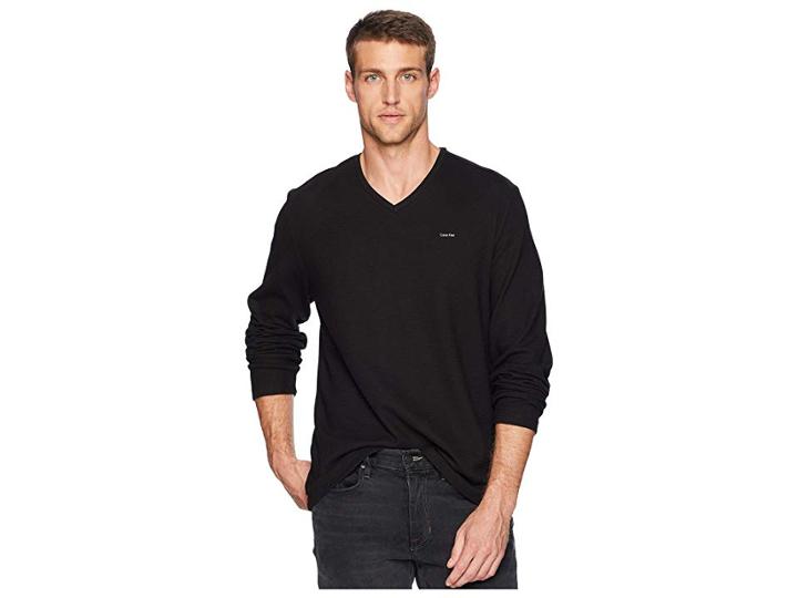 Calvin Klein Long Sleeve Fabric Blocked V-neck (black) Men's Clothing