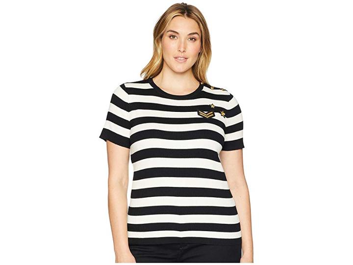 Lauren Ralph Lauren Plus Size Buttoned Striped Top (polo Black/mascarpone Cream Multi) Women's Short Sleeve Button Up