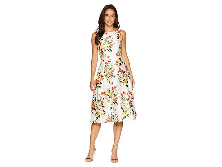 Tahari By Asl Floral Print Cocktail Midi Dress (ecru/olive/coral) Women's Dress