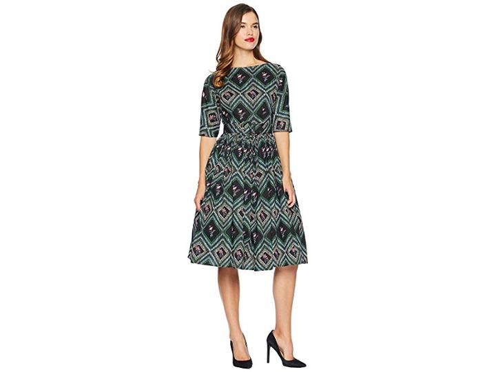 Unique Vintage 1940s Style Sleeved Sally Swing Dress (green Print) Women's Dress