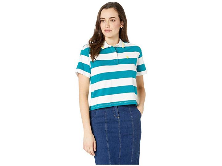 U.s. Polo Assn. Crop Stripe Polo Shirt (oahu Teal) Women's Clothing