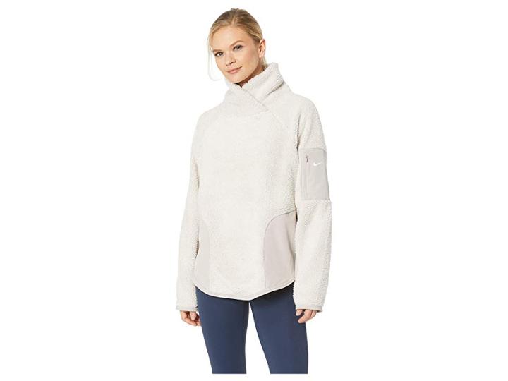Nike Long Sleeve Pullover Sherpa Top (desert Sand/white) Women's Workout