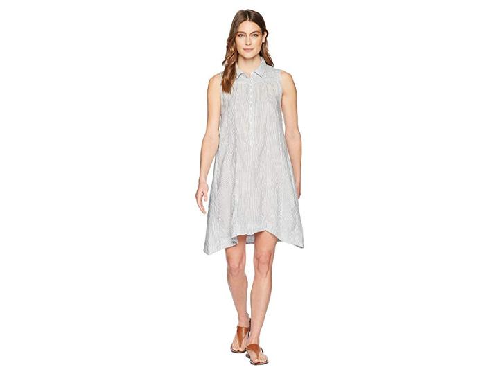 Dylan By True Grit Classic Stripe Shirred Sleeveless Shirt Dress With Lining And Pockets (grey/white) Women's Dress