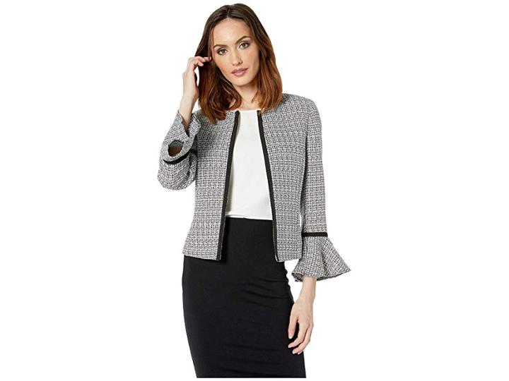 Tahari By Asl Tweed Open Jacket With Tulip Sleeve (black/white) Women's Coat