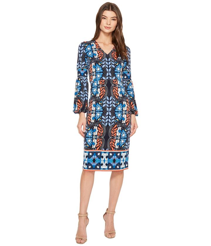Maggy London Folk Print Jersey Midi Sheath Dress (navy Blue) Women's Dress