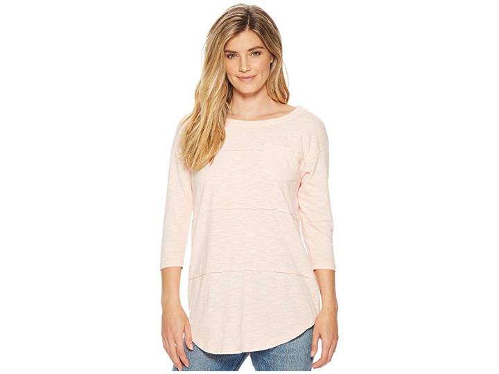 Mod-o-doc Micro Stripe 3/4 Sleeve Raw Edge Seamed T-shirt (peach) Women's T Shirt