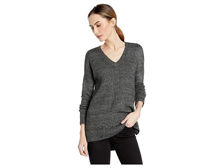 Lilla P Long Sleeve V-neck Pointelle Stitch Sweater (dark Charcoal) Women's Sweater