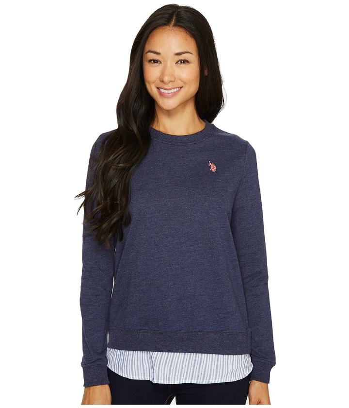 U.s. Polo Assn. Twofer French Terry And Striped Woven Top (evening Blue) Women's Clothing
