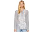 Dylan By True Grit Artisan Lace-up Stripe Long Sleeve Blouse With White Embroidery (indigo) Women's Blouse