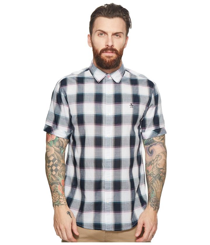 Original Penguin Short Sleeve Check Woven (dark Sapphire) Men's Short Sleeve Button Up