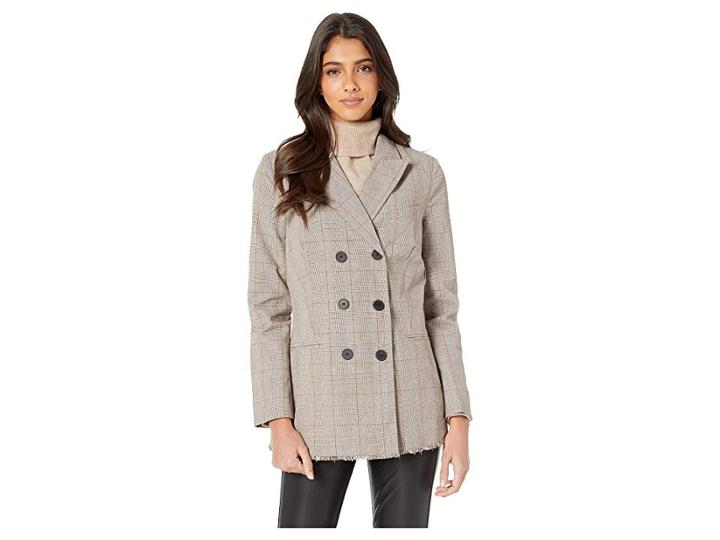 Romeo & Juliet Couture Oversized Check Fringe Blazer (brown Multi) Women's Jacket