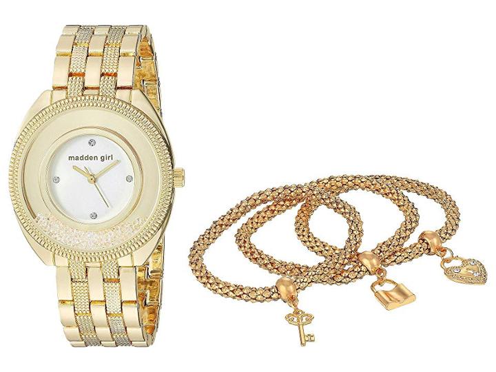 Steve Madden Madden Girl Watch With Charm And Stone Bracelet Set Smgs017 (gold) Watches