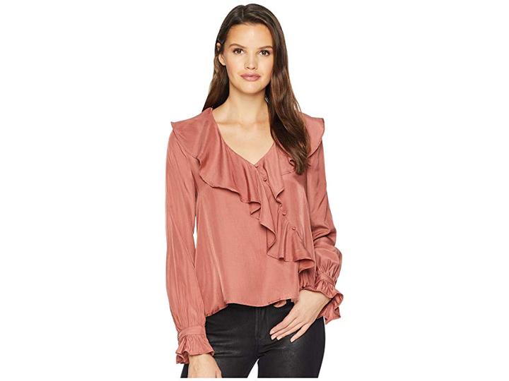 Moon River Unbalanced Ruffle Top (mauve/wood) Women's Clothing