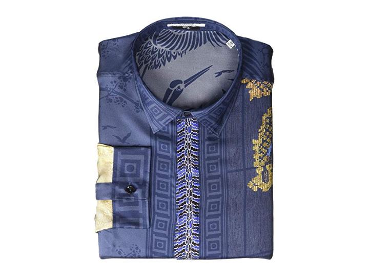Versace Collection Dragon Print Silk Button Down (blue) Men's Clothing