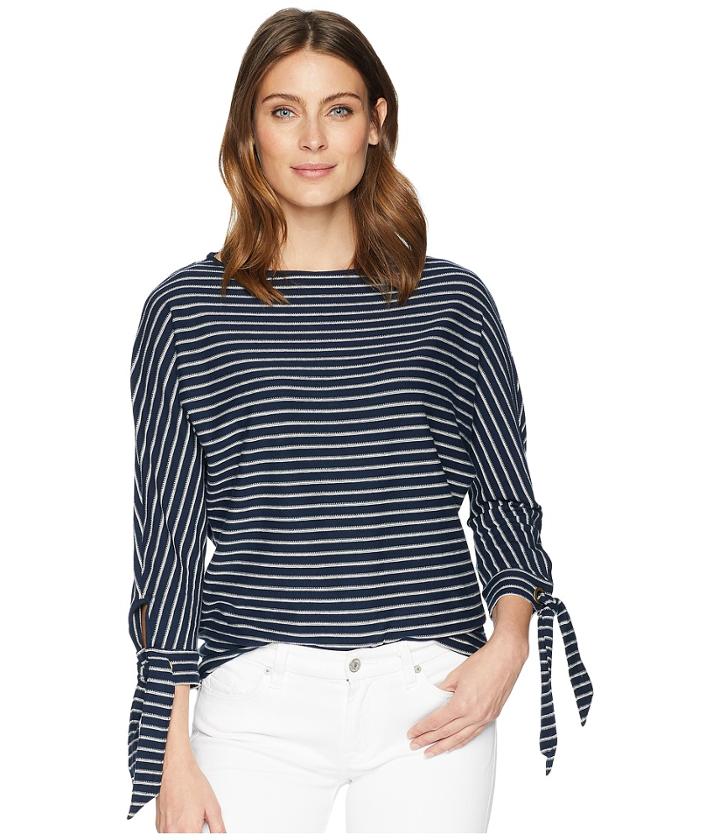 Chaps Striped Tie-sleeve Top (blue Multi) Women's Clothing