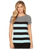 Calvin Klein Short Sleeve Stripe Tee W/ Buttons (seaglass/black) Women's Sleeveless