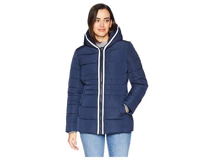 Tommy Hilfiger Zip Front Horizontal Puffer With Hood (navy) Women's Coat