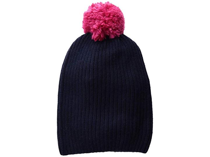 Hat Attack Lightweight Rib Watch Cap With Knit Pom (navy/fuchsia) Caps