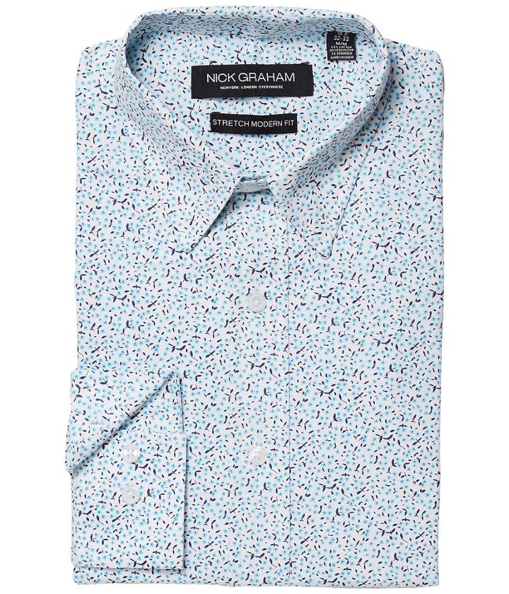 Nick Graham Floral Print Cvc Stretch Dress Shirt (blue) Men's Clothing