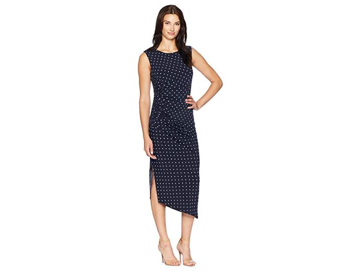 Vince Camuto Cap Sleeve Romantic Dots Side Ruched Dress (classic Navy) Women's Dress