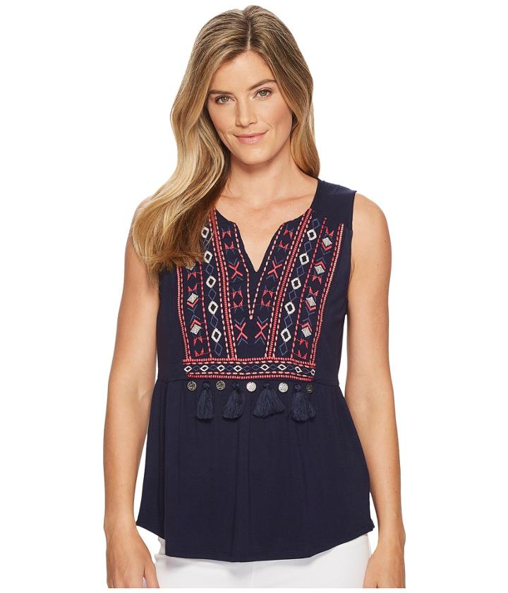 Tribal Sleeveless Embroidered Jersey Top (twilight) Women's Sleeveless