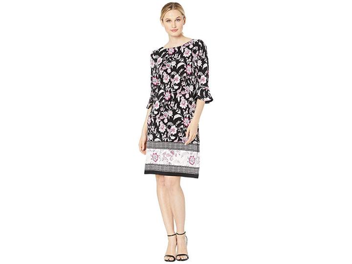 Nine West Printed Ity 3/4 Ruffle Sleeve Dress (black/pink Multi) Women's Dress