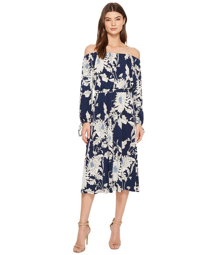 Maggy London Off The Shoulder Peasant Sleeve Dress (navy/soft White) Women's Dress