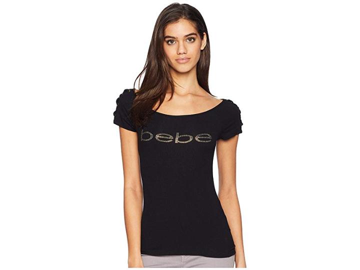 Bebe Lissa Lace Shoulder Logo Short Sleeve Tee (jet Black) Women's T Shirt
