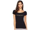 Bebe Lissa Lace Shoulder Logo Short Sleeve Tee (jet Black) Women's T Shirt