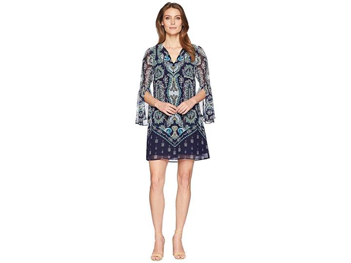 Vince Camuto Printed Chiffon V-neck Dress With Tassels (navy Multi) Women's Dress