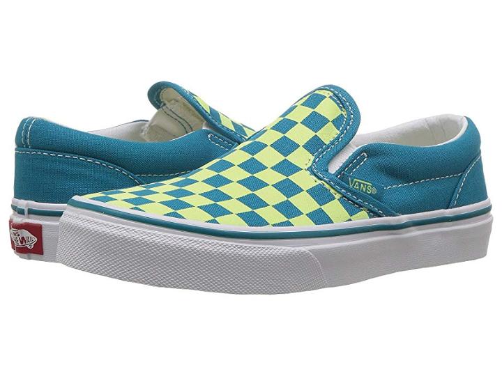 Vans Kids Classic Slip-on (little Kid/big Kid) ((checkerboard) Enamel Blue/sharp Green) Boys Shoes