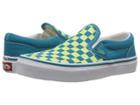 Vans Kids Classic Slip-on (little Kid/big Kid) ((checkerboard) Enamel Blue/sharp Green) Boys Shoes