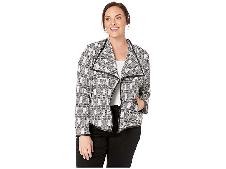 Calvin Klein Plus Plus Size Jacket With Faux Leather Trim (black/white Tweed) Women's Coat