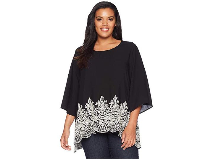 Karen Kane Plus Plus Size Embroidered 3/4 Sleeve Top (black) Women's Clothing