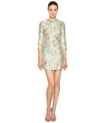 Francesco Scognamiglio Long Sleeve Round Neck Jacquard Dress (aqua Gold) Women's Dress