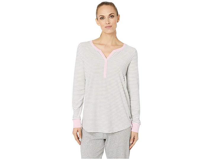 Jockey Cozy Fleece Long Sleeve Henley Top (mini Grey Stripe) Women's Pajama
