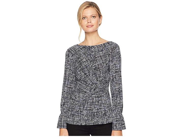 Ellen Tracy Twist Waist Detail Top (crosshatch/sky Blue) Women's Clothing