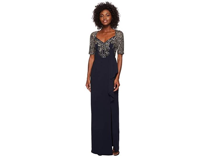 Adrianna Papell Elbow Sleeve Bead Bodice Gown With Cascade Crepe Skirt (midnight) Women's Dress