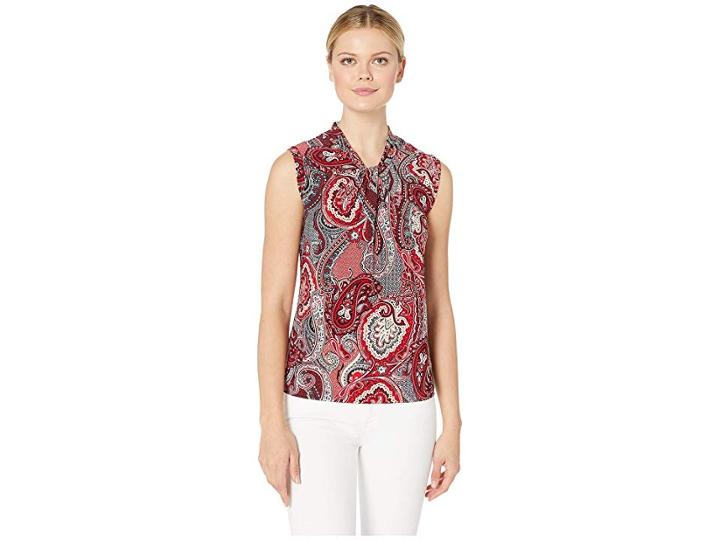 Tommy Hilfiger Paisley Print Knot Neck Sleeveless Knit Top (scarlet/khaki) Women's Clothing