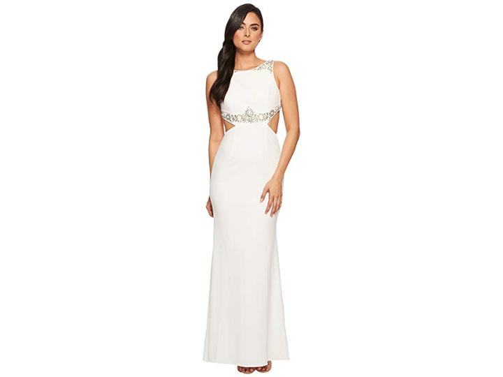 Adrianna Papell Beaded Crepe Long Gown With Embellished Detail (ivory) Women's Dress