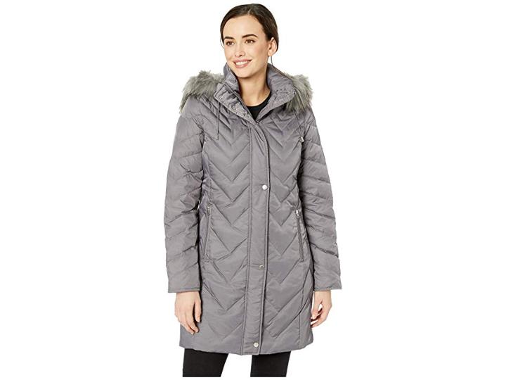 Marc New York By Andrew Marc Roxbury Matte Satin Down Fill Puffer 38 Faux Fur Trim Hood (grey) Women's Coat