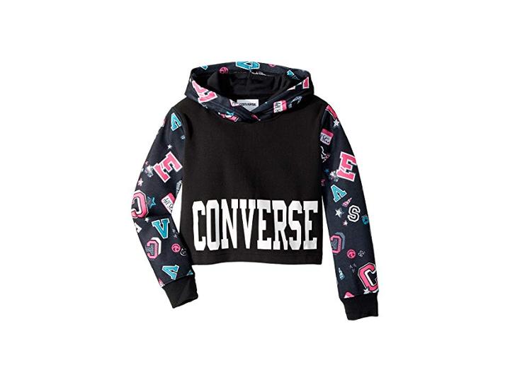 Converse Kids Printed Cropped Pullover (big Kids) (black) Girl's Sweatshirt