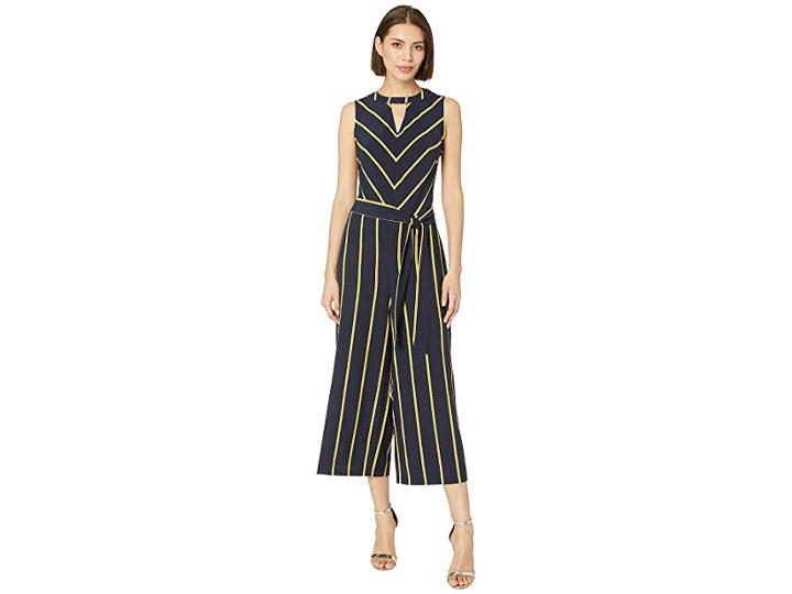 Eci Striped Neck Keyhole Wide-legged Jumpsuit With Self Tie (navy) Women's Jumpsuit & Rompers One Piece