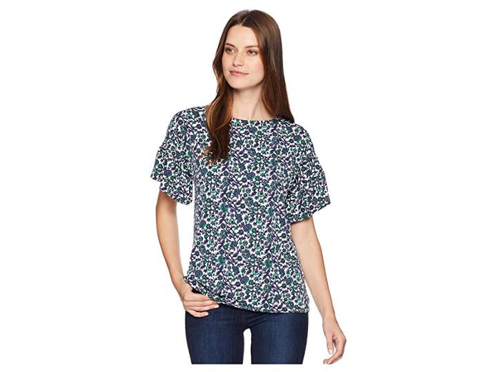 Michael Michael Kors Vine Boat Neck Ruffle Sleeve Top (white/jewel Green) Women's Clothing
