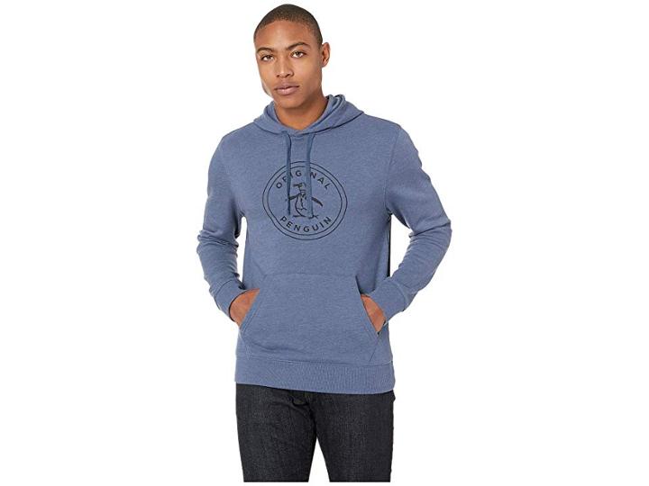 Original Penguin Long Sleeve Stamp Logo French Terry Hoodie (dark Denim) Men's Sweatshirt
