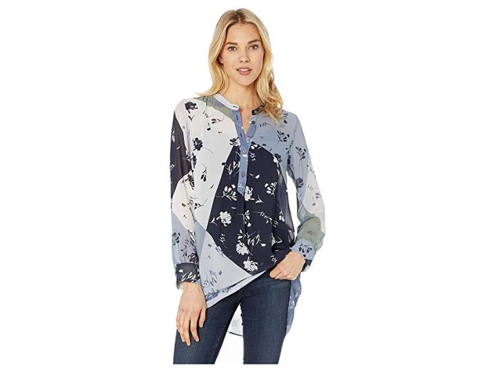 Vince Camuto Long Sleeve Floral Patchwork Henley Tunic (antique Blue) Women's Blouse