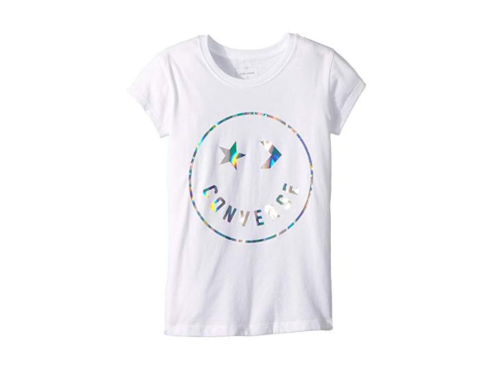 Converse Kids Classic Smiley Face Tee (big Kids) (white) Girl's T Shirt