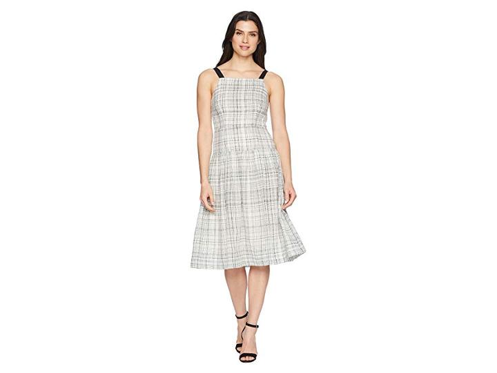 Donna Morgan Plaid Linen Drop Waist Dress With Contrast Straps (ivory/black) Women's Dress
