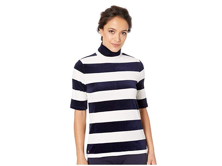 Lauren Ralph Lauren Striped Velour Turtleneck Top (navy/mascarpone Cream Multi) Women's Sweater