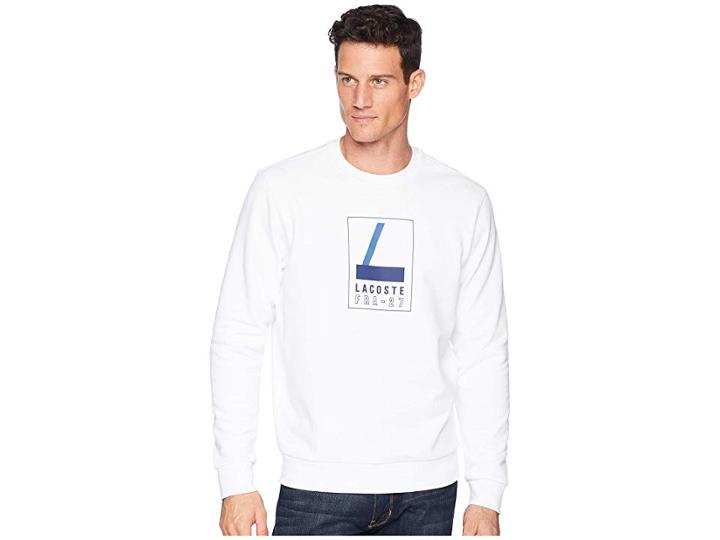 Lacoste Long Sleeve Heritage L Graphic Crew Neck Sweatshirt (white/navy Blue) Men's Sweatshirt